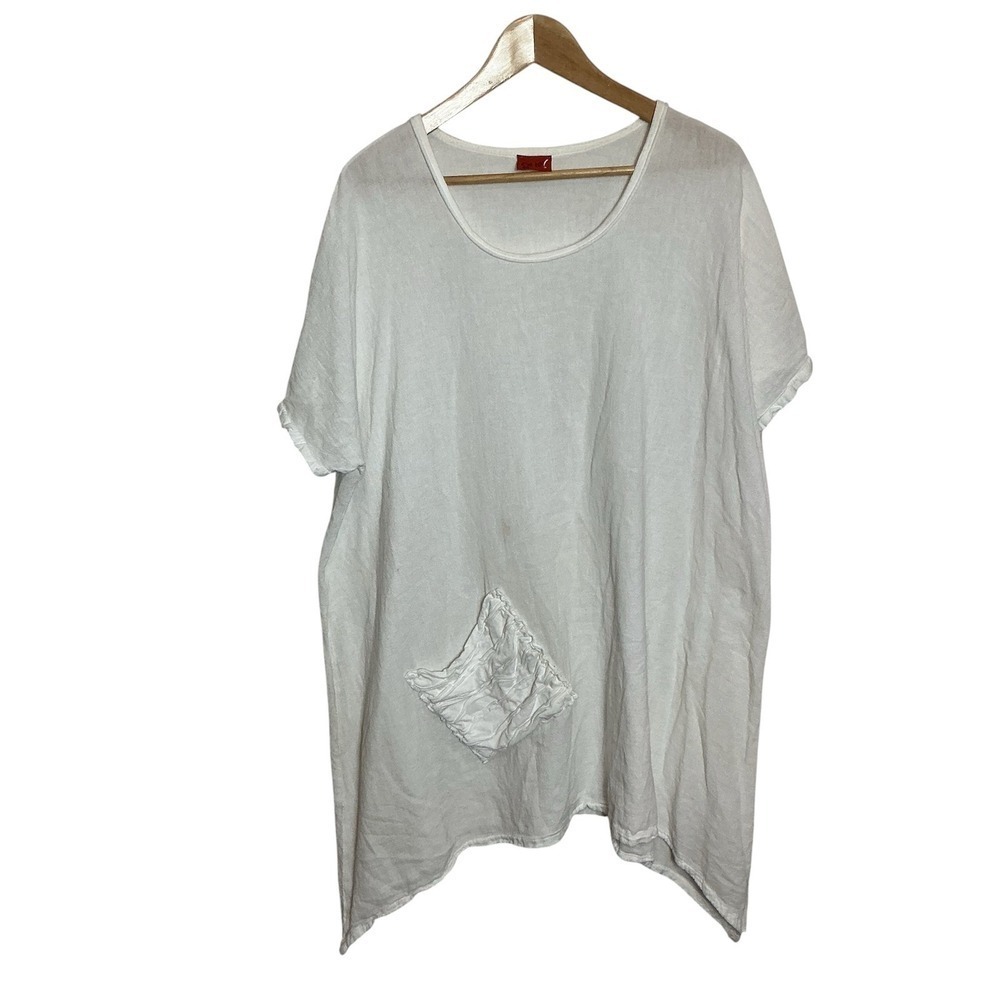 Oh My Gauze OS White Asymmetrical Pullover Cotton Tunic Top Pocket Lagenlook